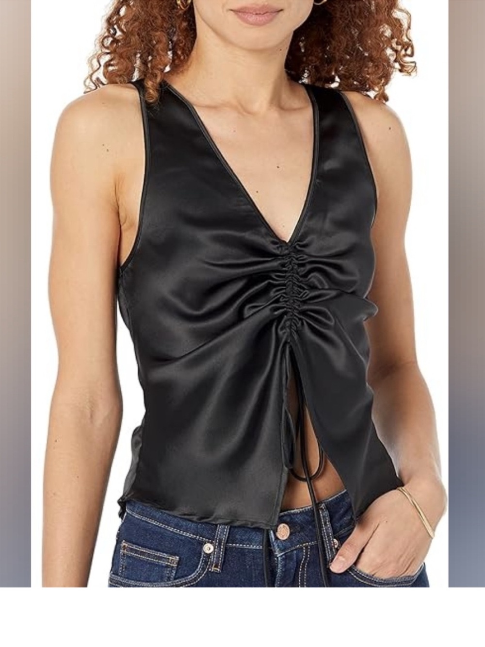 The Drop Black Satin Ruched Tie Front Sleeveless Top Size XS